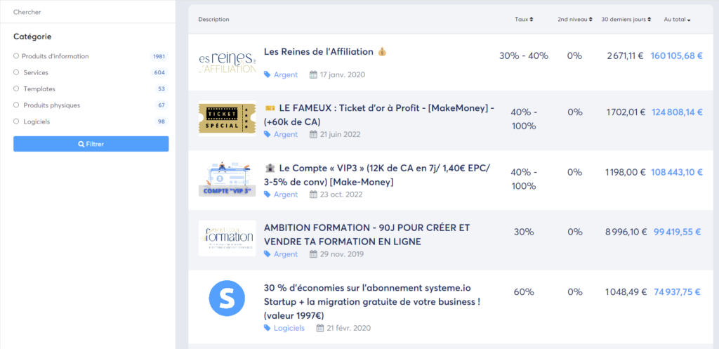 exemple de programme d'affiliation dans les menus du logiciels systeme.io