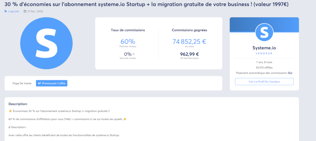 Exemple d'un programme d'affiliation de l'outil marketing systeme.io