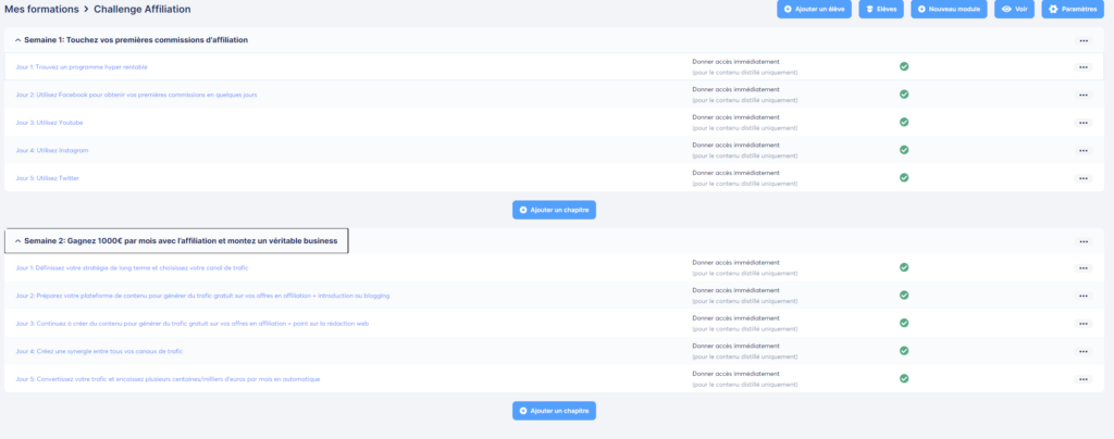 Coulisse du logiciel systeme.io pour créer des formations E-learning