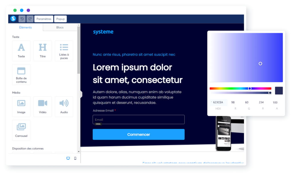 Exemple de la façon dont on peut créer des sites internet avec systeme.io